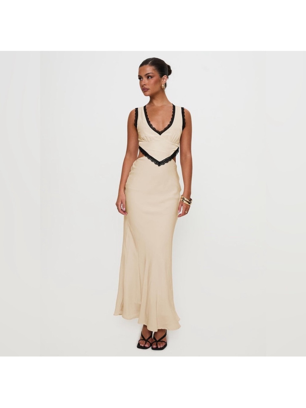Princess Polly Beige Maxi Dress with Black Lace Trim